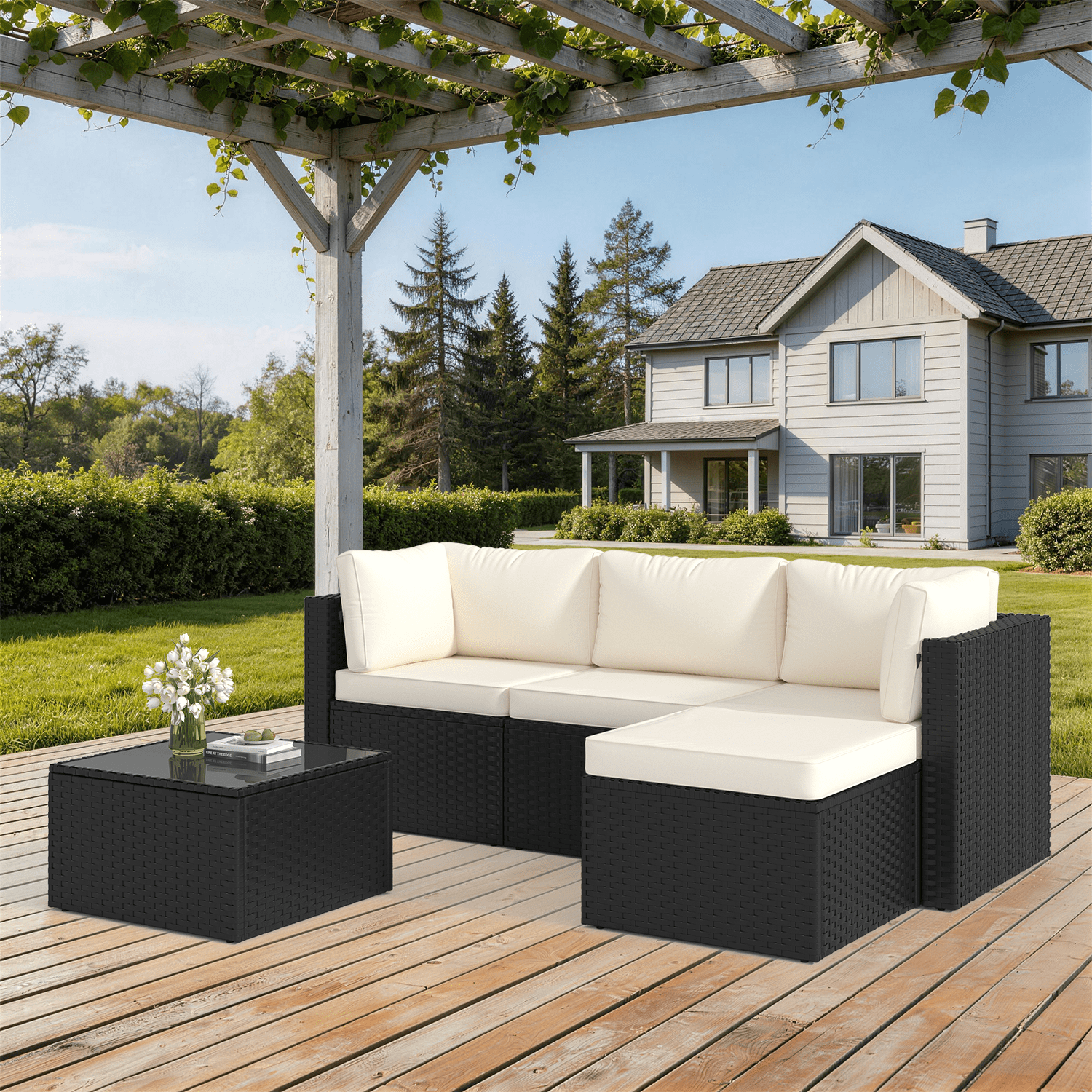 Clouddwell 5 Pieces Patio Furniture Set, All-Weather Wicker Rattan Patio Sectional Sofa Set with Coffee Table (Off-White)