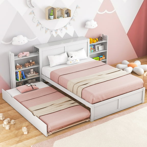 Infans Full Wooden Platform Bed with Trundle Storage Headboard Pull Out Shelves White