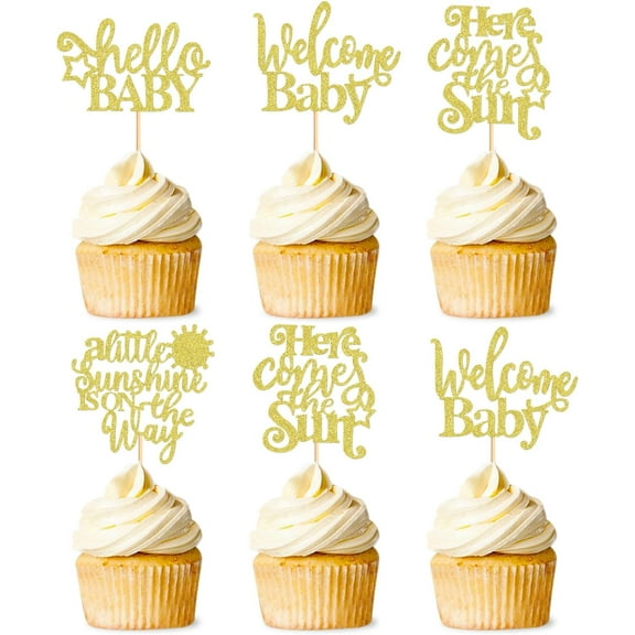 10pcs A Little Sunshine is On The Way Cupcake Toppers Sunshine Cupcake Picks Here Comes The Sun Welcome Baby for Wedding Baby Shower Birthday Party Decorations Gold