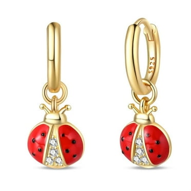 KUNSIR Golden Ladybug Drangle Earrings Minimal Earrings 925 Sterling Silver Gold Hoop Earrings