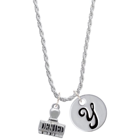 Delight Jewelry Silvertone 3-D ''Denied'' Stamp Silvertone Script Initial Disc - Y - Charm Necklace, 20"+3"