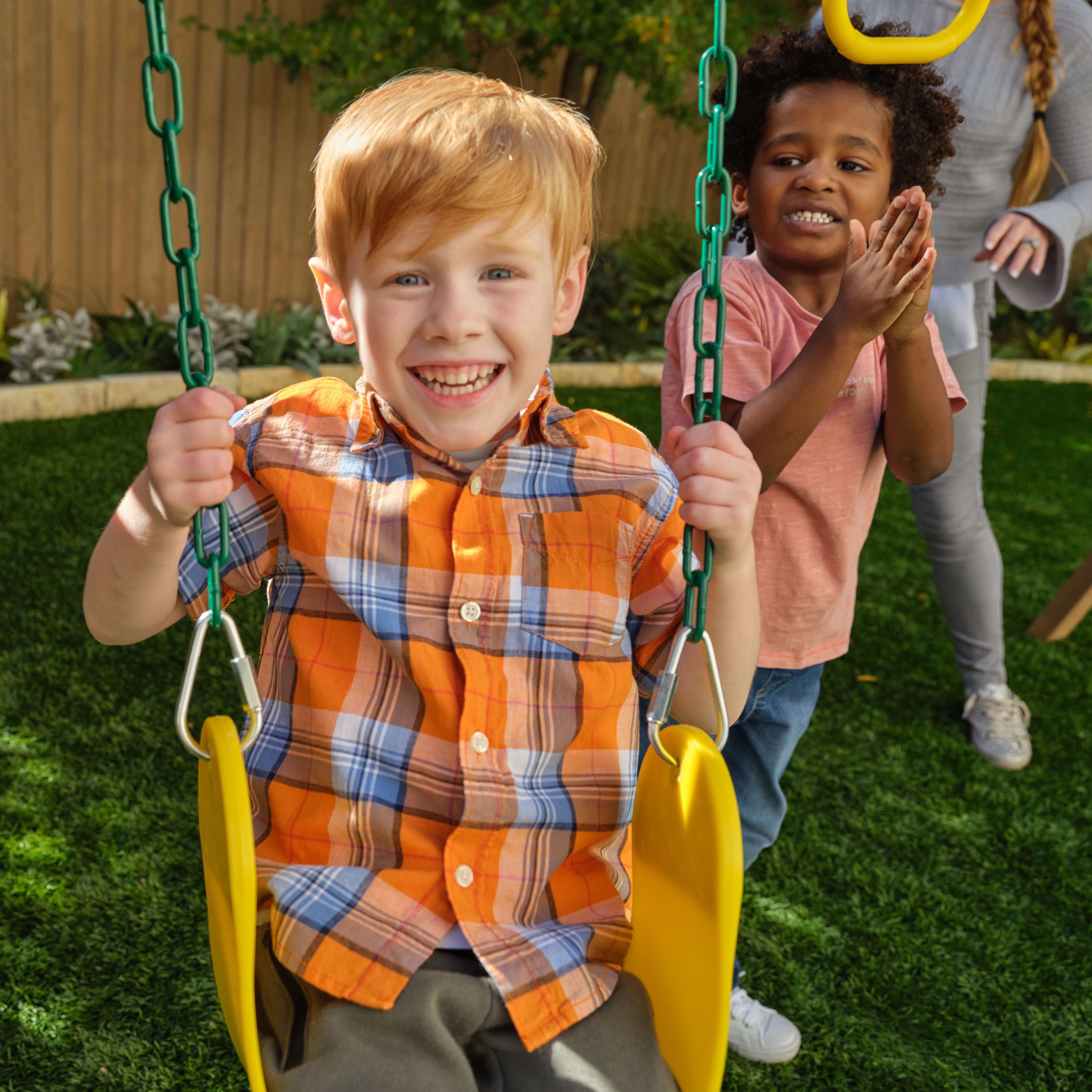 KidKraft Modern Outdoor Wooden Swing Set / Playset with Fireman's Pole, Reversible Bench