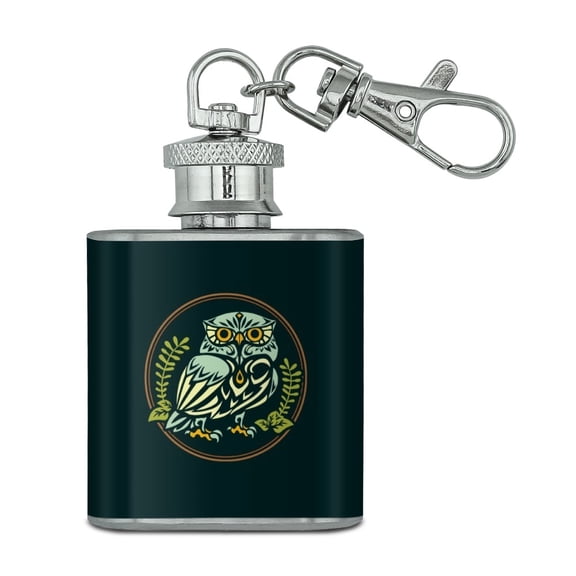 Wise White Tribal Owl Stainless Steel 1oz Mini Flask Key Chain