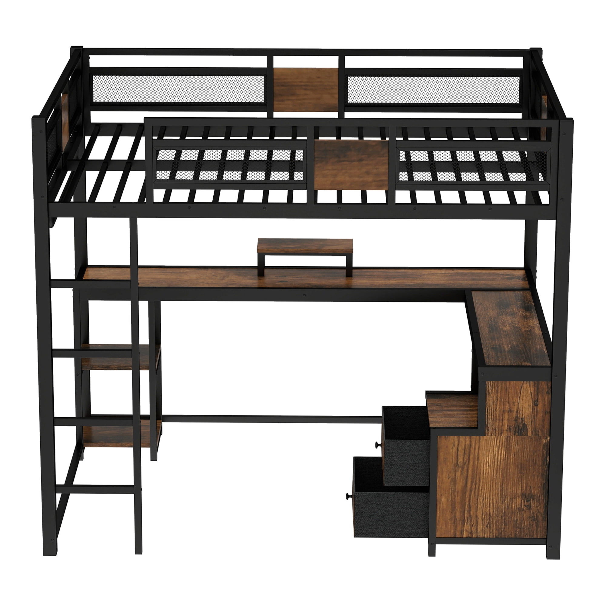Leumius Queen Size Loft Bed with L Shape Desk,Metal Loft Bed Frame and Storage Drawers and Ladders,Nosie-Free,No Spring Box Needed,Black