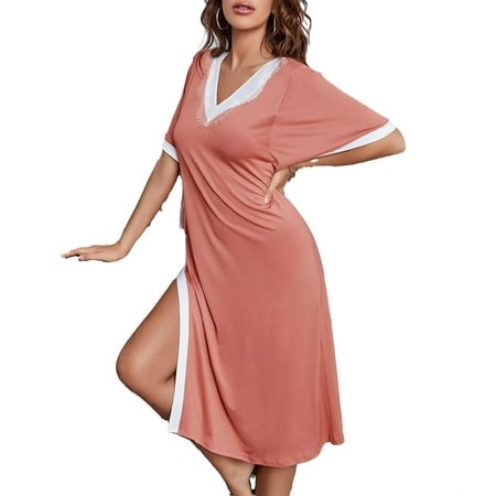 

Sexy V neck Sleepshirts Elbow-Length Coral Pink Womens Nightgowns & Sleepshirts (Women s)