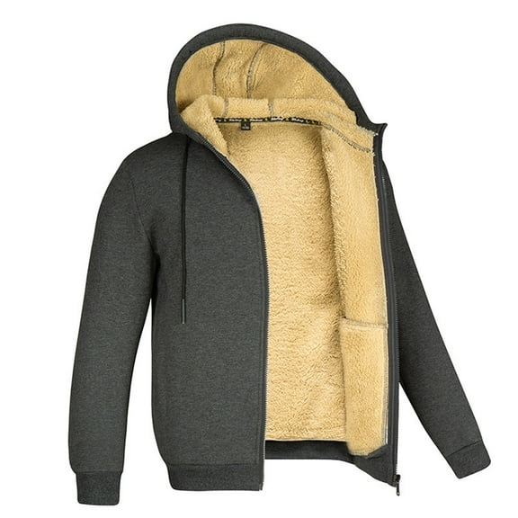 LpwkSSA Men's Fleece Lined Lambskin Jacket Hooded Casual Cardigan Solid Color Stand Collar Soft Outdoor Wear for Cool Weather and Daily Comfort Gray M