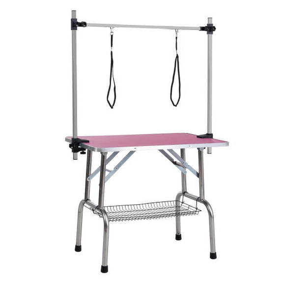 46" Foldable Pet Grooming Table - Stainless Steel Frame with Rubber Mat, Folding, Adjustable Arm, and Clamps - Pink