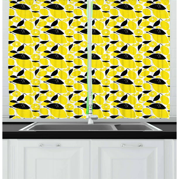Lemons Curtains 2 Panels Set Summer, Yellow Black And White Kitchen Curtains