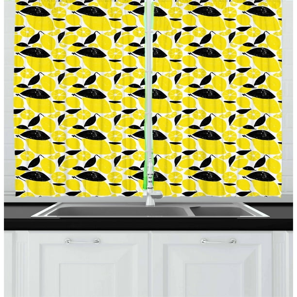 Lemons Curtains 2 Panels Set Summer Breeze Sketched Yellow Lemon Figures And Skinless Half Slices Window Ds For Living Room Bedroom 55w X 39l Inches Black White By Ambesonne Lemons Curtains 2 Panels Set Summer, Yellow Black And White Kitchen Curtains