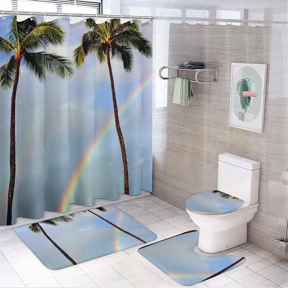 Rainbow Palm Trees 4Pcs Shower Curtain Set Washable Bathroom Sets with Toilet Lid Cover and Non-Slip Rug Bath Accessories Decor