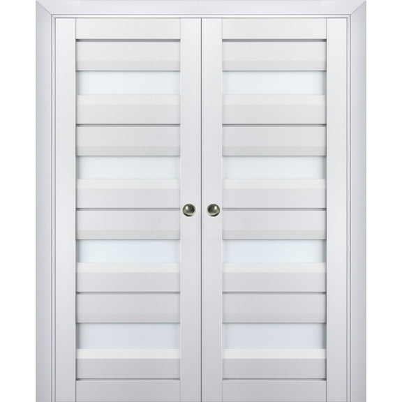 Sliding French Double Pocket Doors with Frosted Glass | Veregio 7455 White Silk | Kit Trims Rail Hardware | Solid Wood Interior Bedroom Sturdy Doors-36" x 84" (2* 18x84)