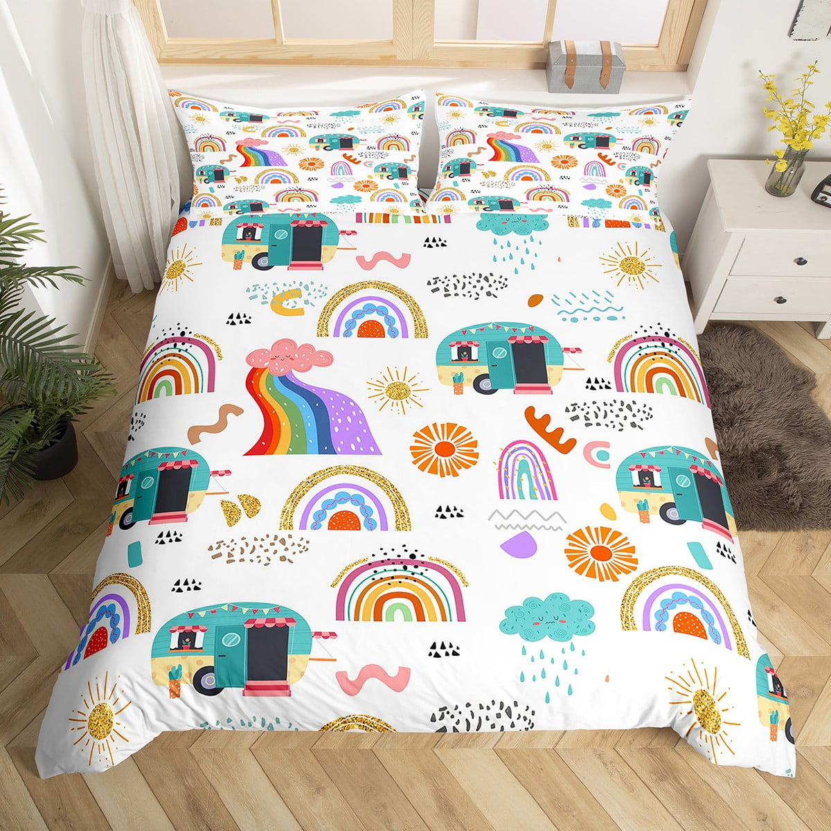 Camping Comforter Cover Rainbow Hand Drawn Camper Decor Duvet Cover