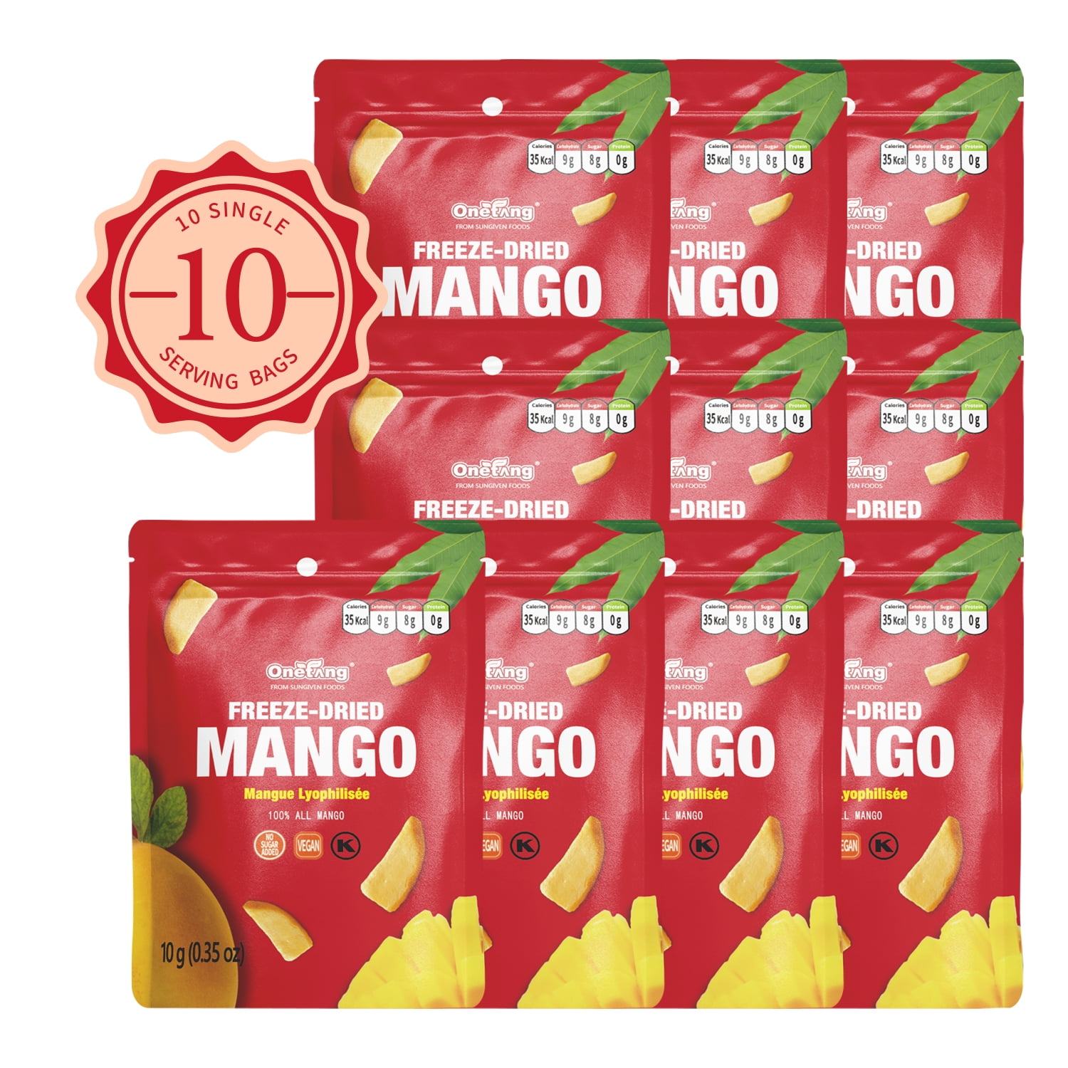 ONETANG Freeze-Dried Fruit Mango Chips, 10 Pack Single-Serve Pack, Non-GMO, Kosher, No Add Sugar 3.53 oz