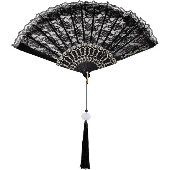 Black Lace Folding Fan Line Dance Popping Fan Lolita Embroidered Foldable Fan Clack Fan for Dancing Performence Party Wedding Decor Tea Party Fans Protable Cooling Hand Fan 10in
