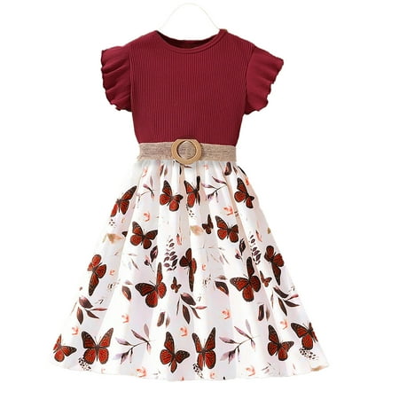 

PMVFHDE Big Girl Summer Clothes Spring And Summer Girls CuHK Children s Dress Flying Sleeve Print Children s Dress Red 8-9 Years