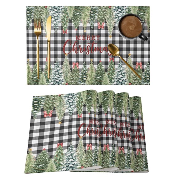 Merry Christmas Trees Placemats Set of 6,Wipeable Washable Table Mats for Dining Tables, Black White Plaid Background Place Mats for Kitchen Event Party Tabletop Decor