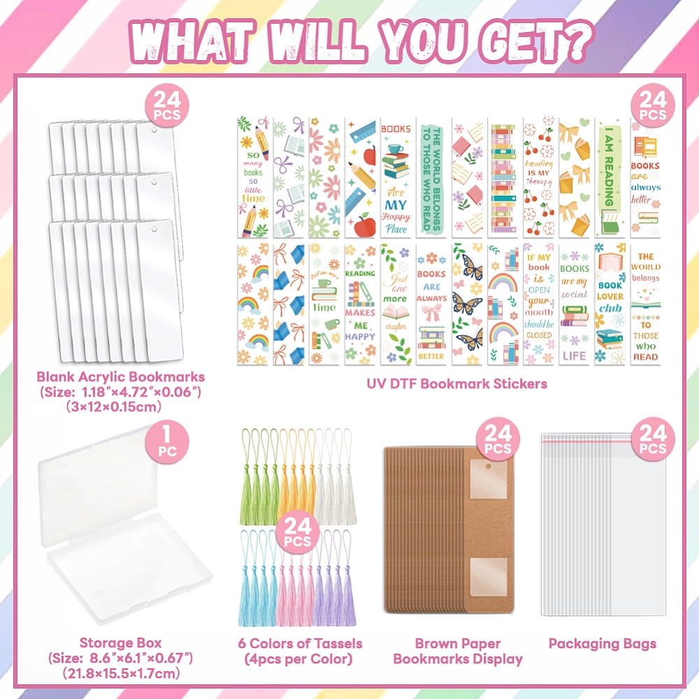 DIY Mixed Pattern Paper Bookmarks Making Kits with Plastic Stickers Acrylic Bookmark Polyester Tassel Mixed Color 120x30mm DIY