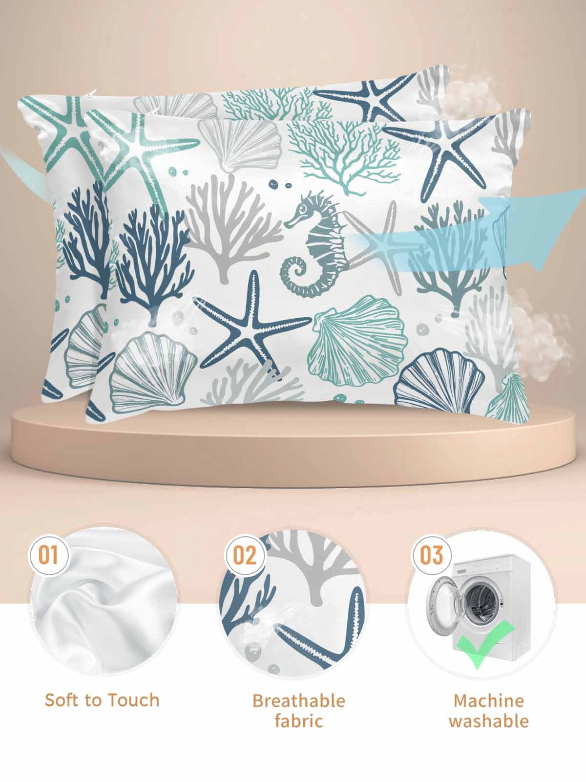 Blue Teal Coastal Pillow Cases King Size Set of 2, Smooth Satin Pillowcase for Hair and Skin, Summer Beach Starfish Coral Nautical Decorative Cooling Bed Pillow Covers with Zipper, 20x36 Inches