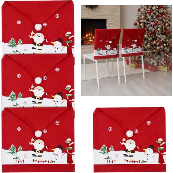 4PCS Christmas Chair Back Covers, Xmas Holiday Dining Chair Slipcovers Tree Snowman Chairs Cover Christmas Chairs Decorations for Dining Room Christmas Festival Decoration