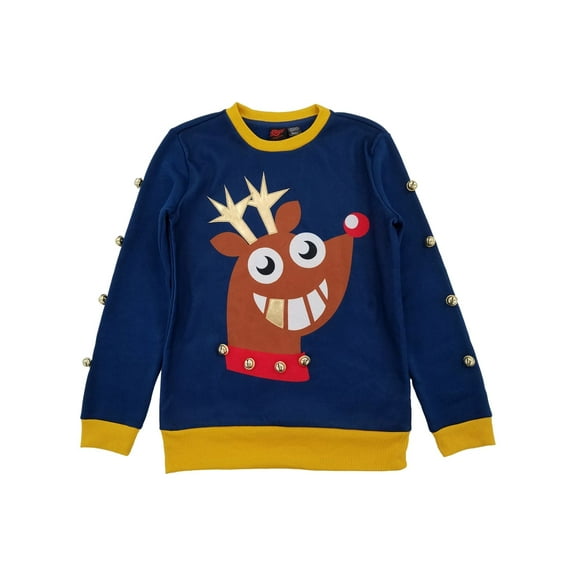 Mad Engine Mens Blue & Yellow Reindeer Bells Christmas Holiday Sweatshirt S