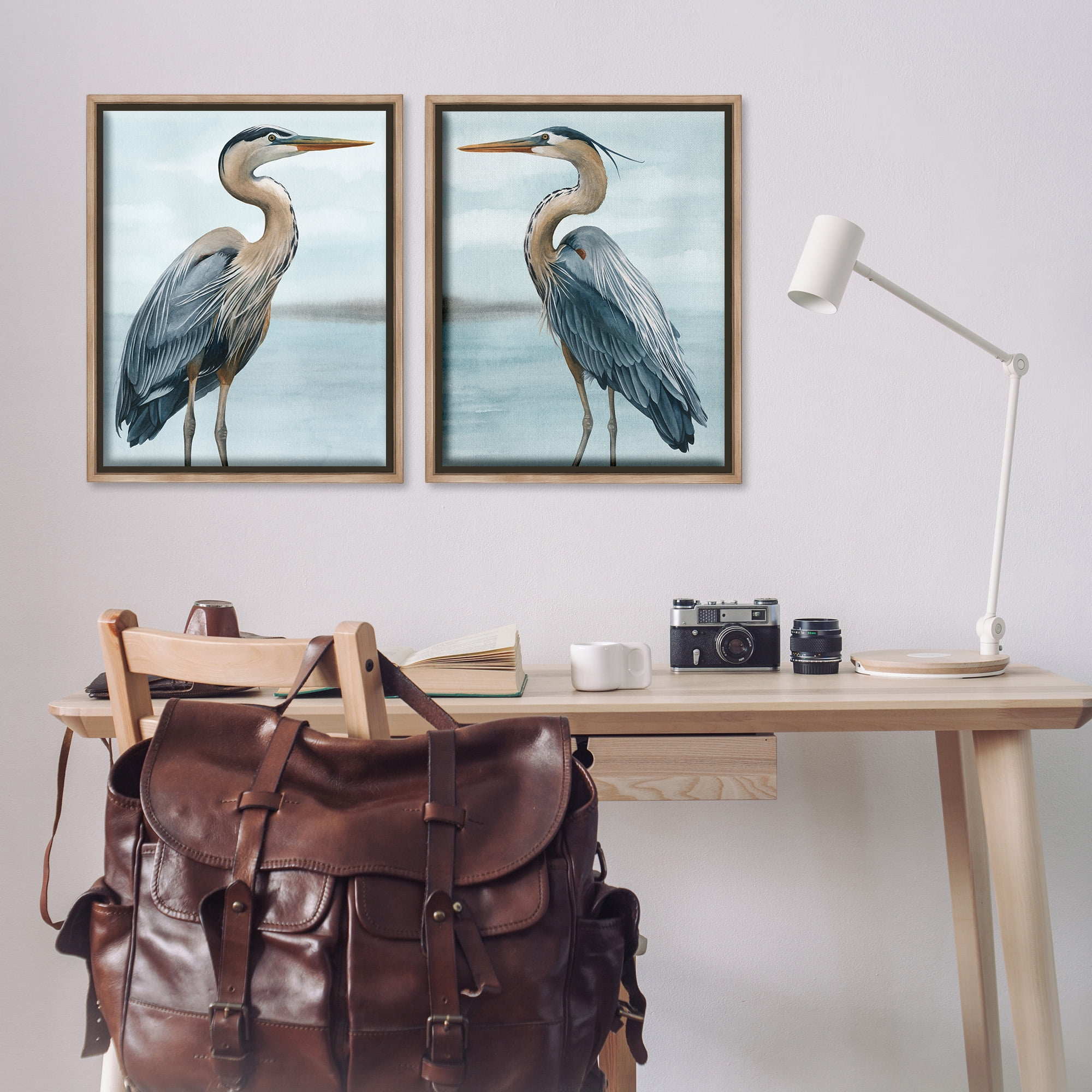 Stupell Industries Detailed Heron Bird Duo Animals & Insects Painting Brown Floater Framed Canvas Art Print Wall Art, 25 x 31, Set of 2