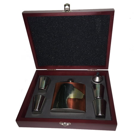 

KuzmarK 6 oz. Stainless Steel Flask Set in Rose Wood Presentation Box - Black & Tan Saluki Sighthound Dog Art by Denise Every