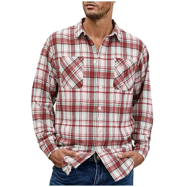 Checked Shirt for Mens Front Button Down Long Sleeve Lapel Blouses Open Front Ultra Soft Textured Sweatshirt Relaxed Fit Casual Warm Blouses Athletic Running Gym Workout Clothes
