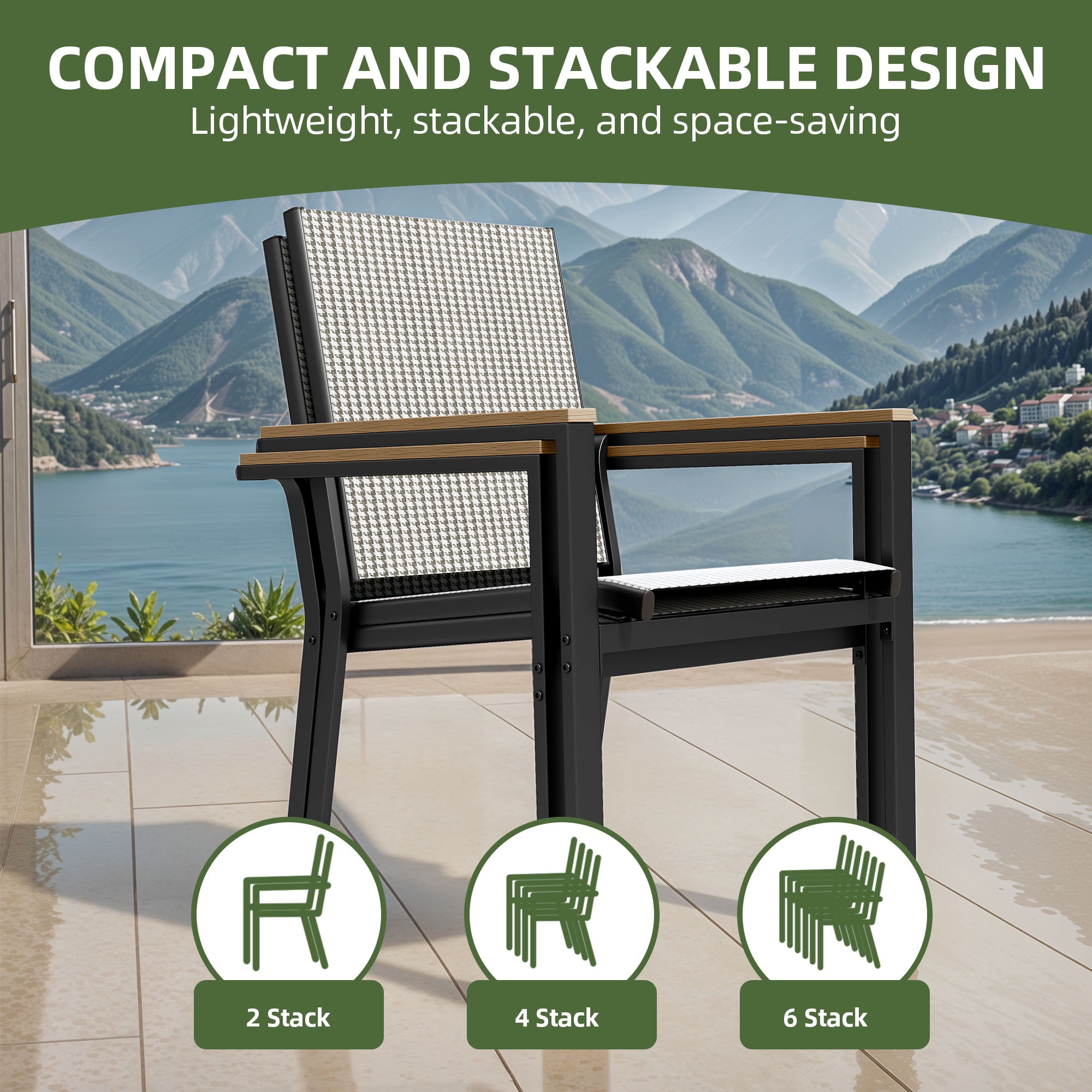 Uforic Stackable Chairs-2PCS Outdoor Dining Chair, Patio DiningChair, Textilene Mix Olefin Stacking Chair, Black & White