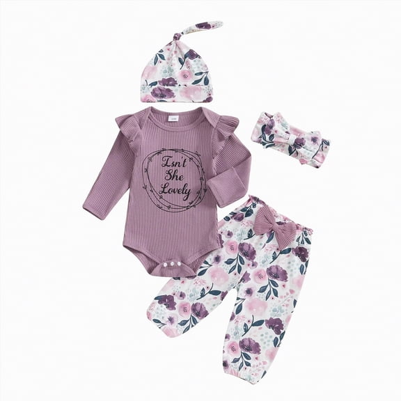 enyan Toddler Girl Fall Clothes Infant Baby Girl Summer Outfits Lace Ruffle Short Sleeve Ribbed Romper Dress with Headband,Purple, Newborn