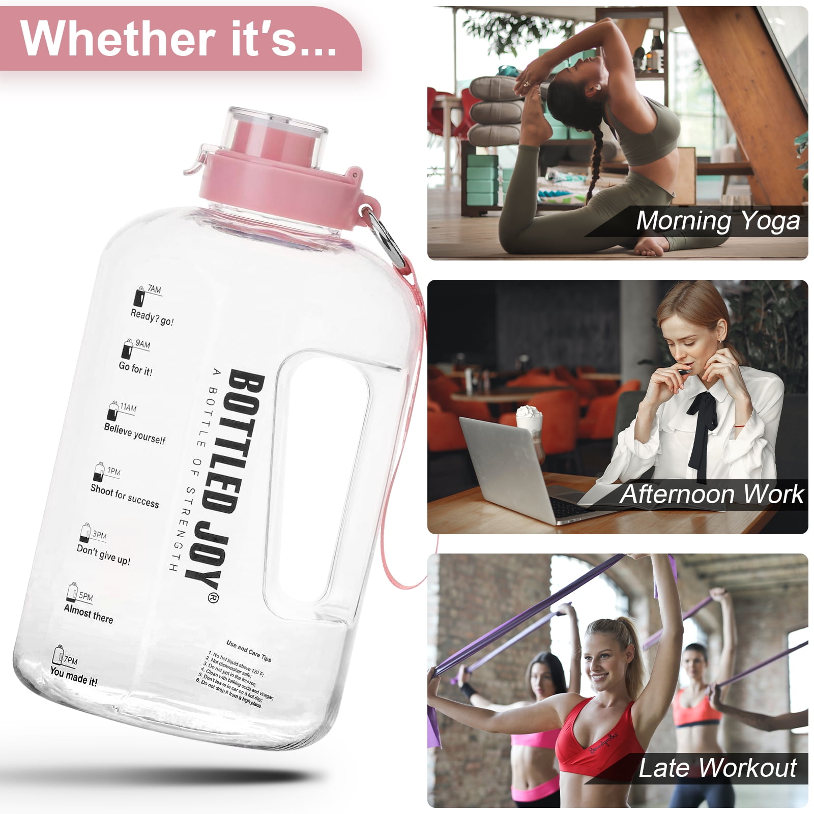 Bottled Joy 1 Gallon Water Bottle Drink Jug Motivational Time Slot Carry  Strap