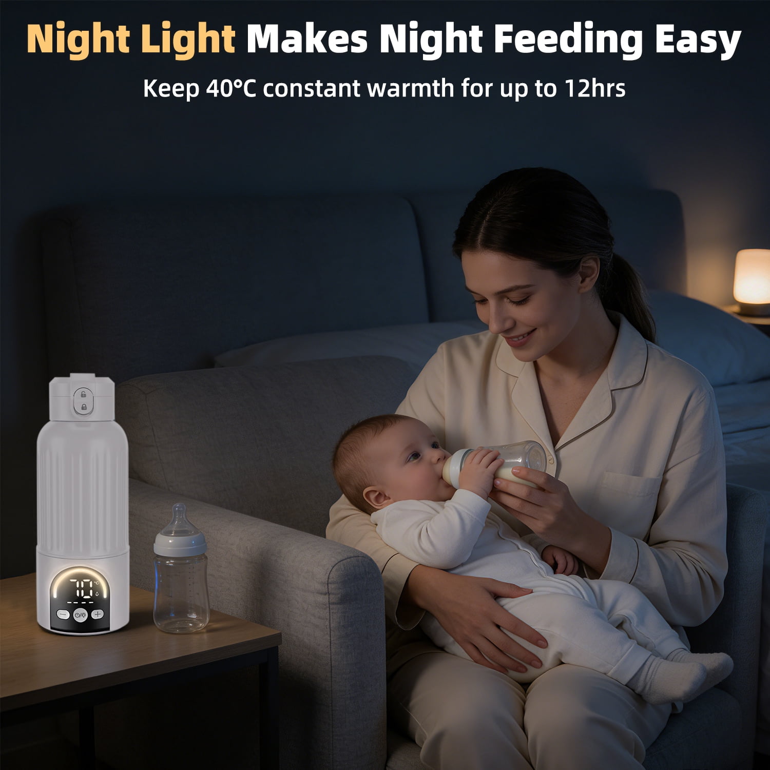 Portable Baby Bottle Warmer for Travel, 120W Fast Heating Breast Milk Warmer with 12000mAh Battery, 500ml, 2 Modes & Temp Control, On-the-Go Warmer with Cleaning Brush (White) for Newborns & Infants