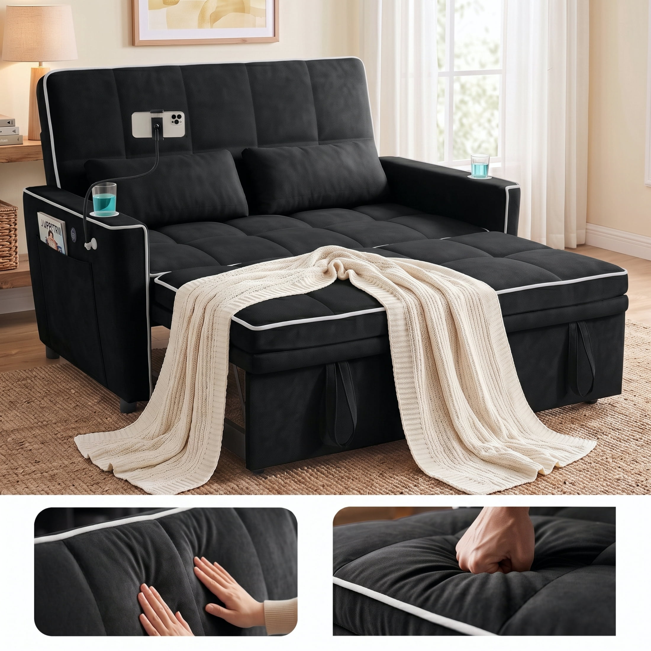 Vinform Sleeper Sofa Bed, 3 in 1 Convertible Loveseat with Phone & Cup Colder for Small Space, Black