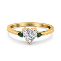 Yellow Tone, Simulated Cubic Zirconia Size-6 Art Deco Heart Three Stone Wedding Bridal Ring Round Green Emerald CZ 925 Sterling Silver