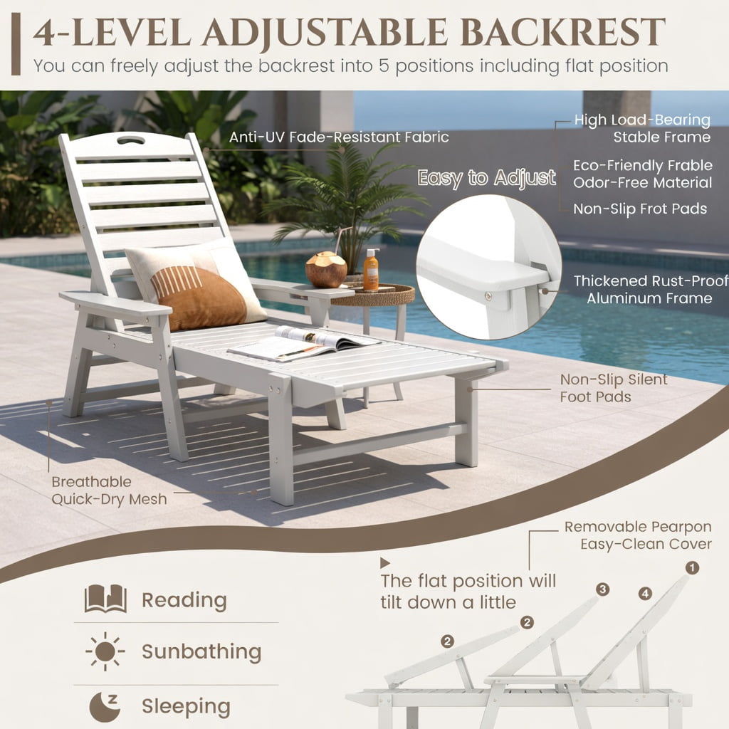 Hommoo HDPE Outdoor Chaise Lounge Chair with 4-Position Adjustable Backrest, Weather-Resistant Patio Lounger for Poolside, Backyard & Porch, White