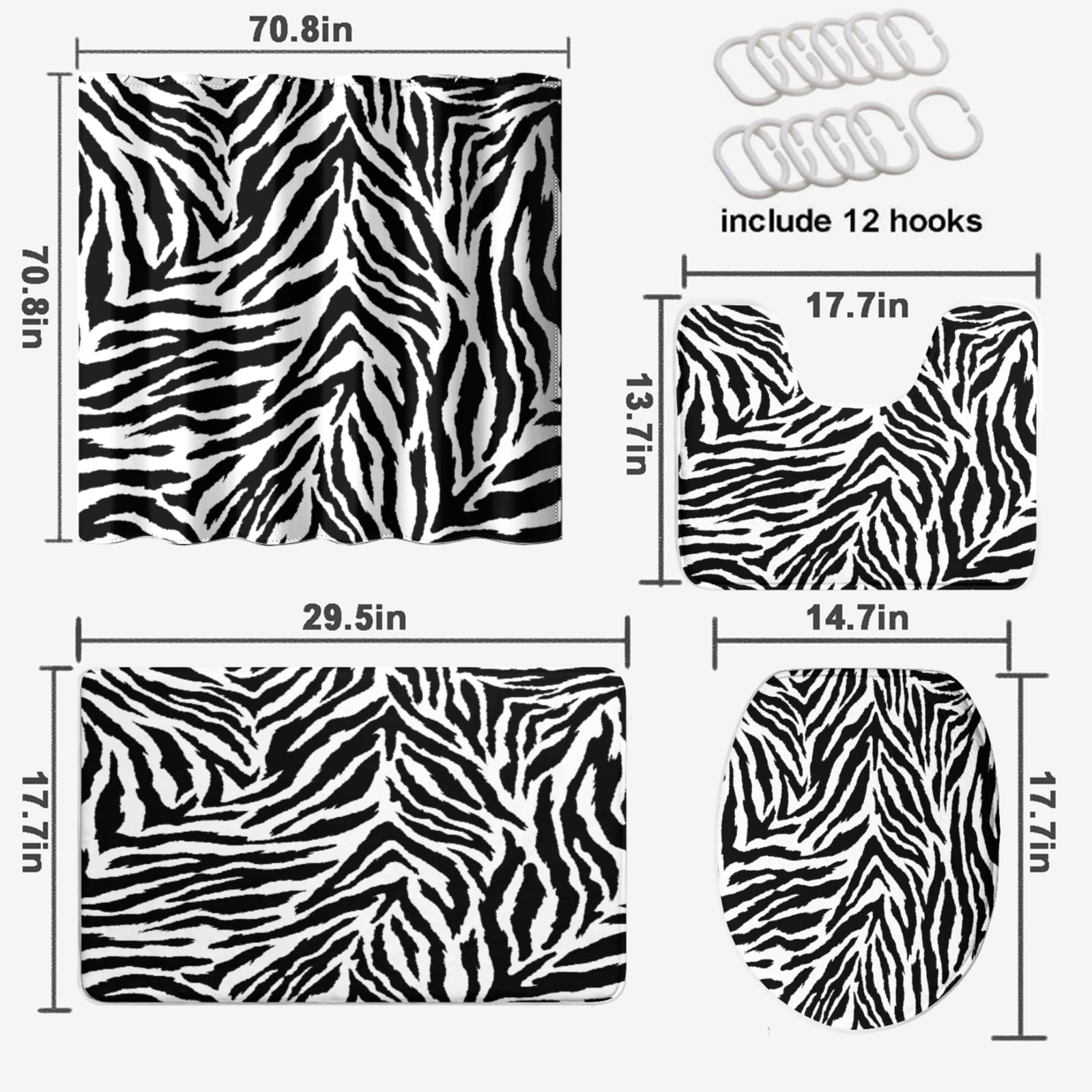 Zebra Skin Texture Shower Curtain Sets with Rugs 4 Piece Black and White Striped Safari Animal with Toilet Lid Cover and Bath Mat, Waterproof Shower Curtain with 12 Hooks, 72x72 Inch