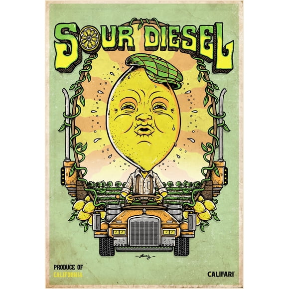 Califari Sour Diesel - Vivid Strain Art Wall Poster, Decor for a Home, Dorm, Store, Dispensary, or Smoke Shop - 13" x 19" Lithograph Print