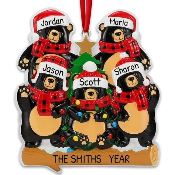 Personalized Family Christmas Ornaments - Custom Ornaments Family of 5 Christmas Ornaments 204 Customized Black Bear String Lights Family of 5 Ornaments Black Bear Family Ornaments for Christmas Tree