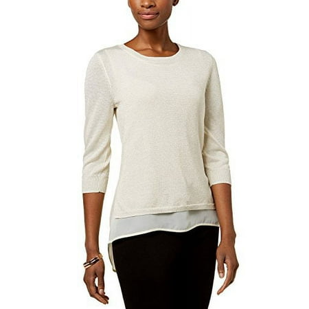 NY Collection Petite Layered-Look Chiffon-Hem Sweater (Crystal, PL)