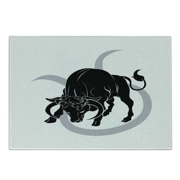 Zodiac Taurus Cutting Board, Black Silhouette of Animal Ox on Horoscope Astrology, Decorative Tempered Glass Cutting and Serving Board, Small Size, Pale Grey Black White, by Ambesonne