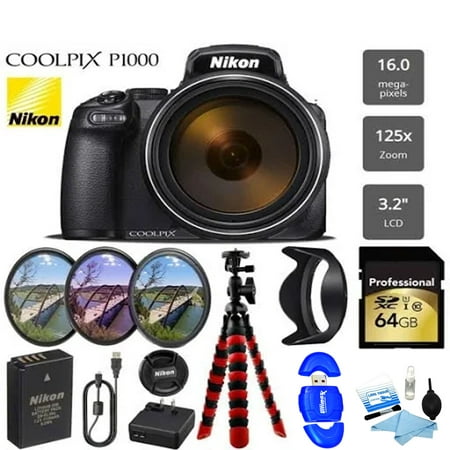 Nikon Coolpix P1000 16MP 125x Super-Zoom Digital Camera + 64GB | Filters | Flexible Tripod & More