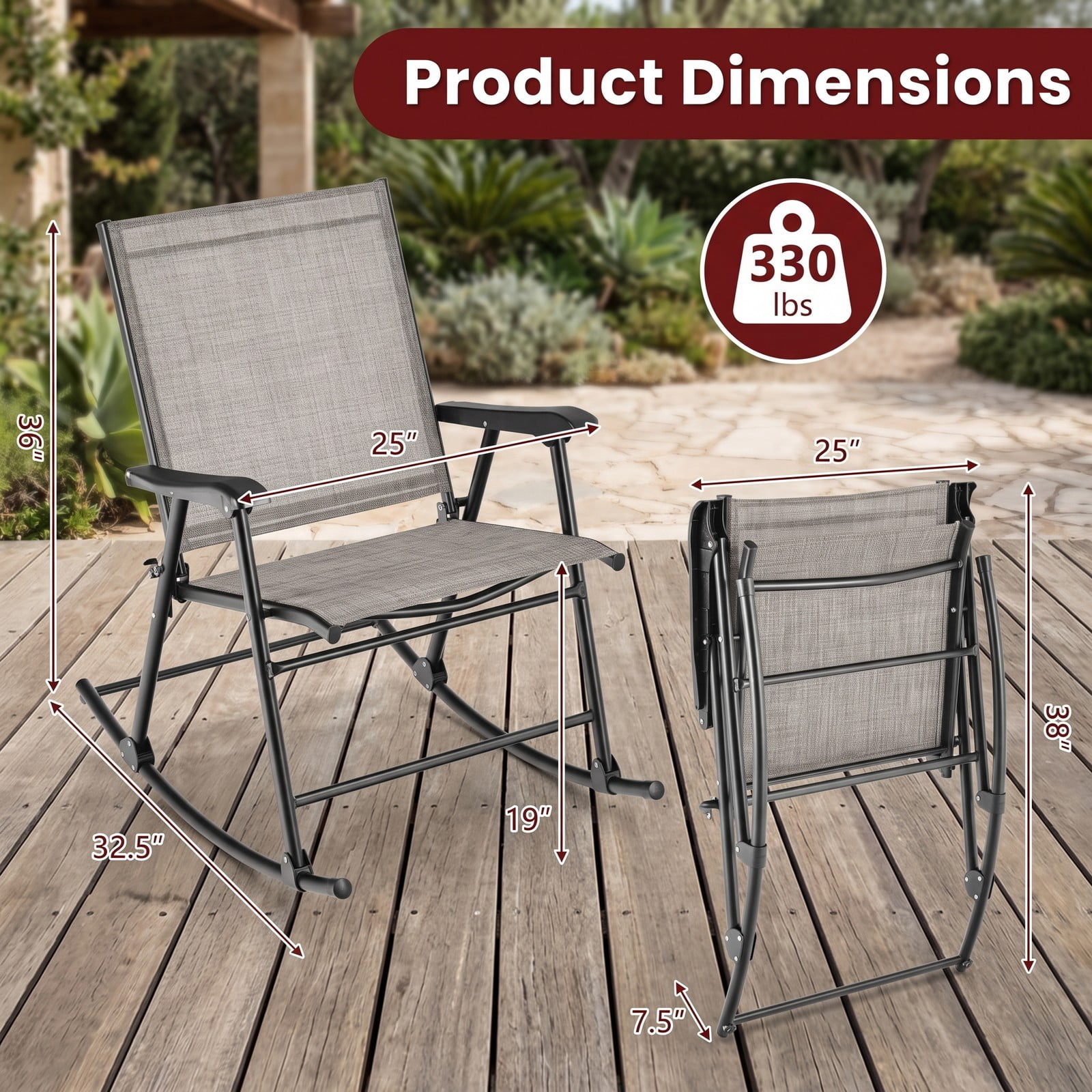 Furnibear Folding Rocking Chairs Set of 2 with Breathable Sling Seat and Heavy-Duty Metal Frame for Patio, Porch and Poolside, Brown