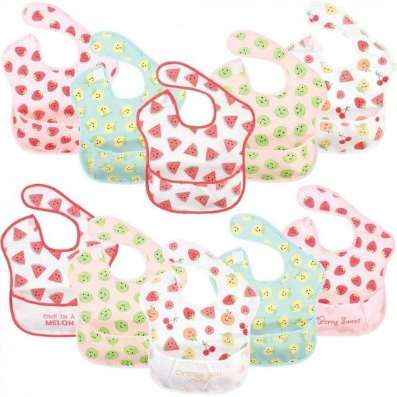Hudson Baby Infant Girl Waterproof Polyester Bibs 10pk, Cute Fruit, Beginner