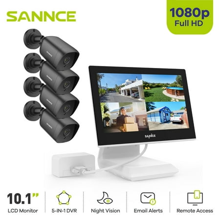 SANNCE 4CH DVR 1080p Full HD Home Outdoor Security Camera System with 10"1 LCD Monitor,Remote Access,Motion Detection