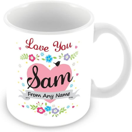 

Personalised Mug with Name Sam - Love Heart & Flowers Design Cup