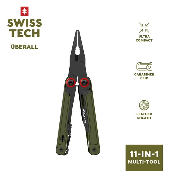 Swiss Tech Überall 11-in-1 Multi-Tool with AUS-8 Steel Blade, Carabiner & Sheath – Olive