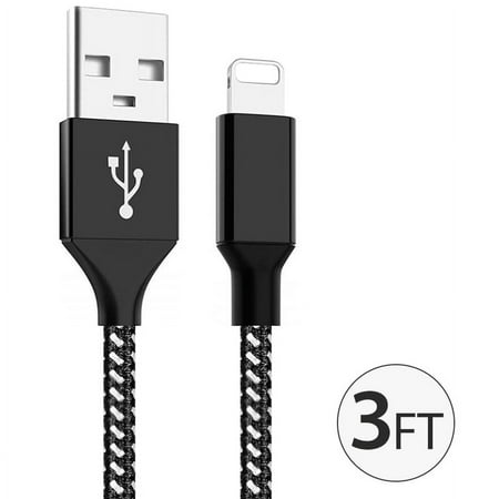 3ft Long MFI Certified Phone Charger Cable - Heavy-Duty Durable Braided Data Sync Lightning to USB Charging Cables Cords for iPhones - Black