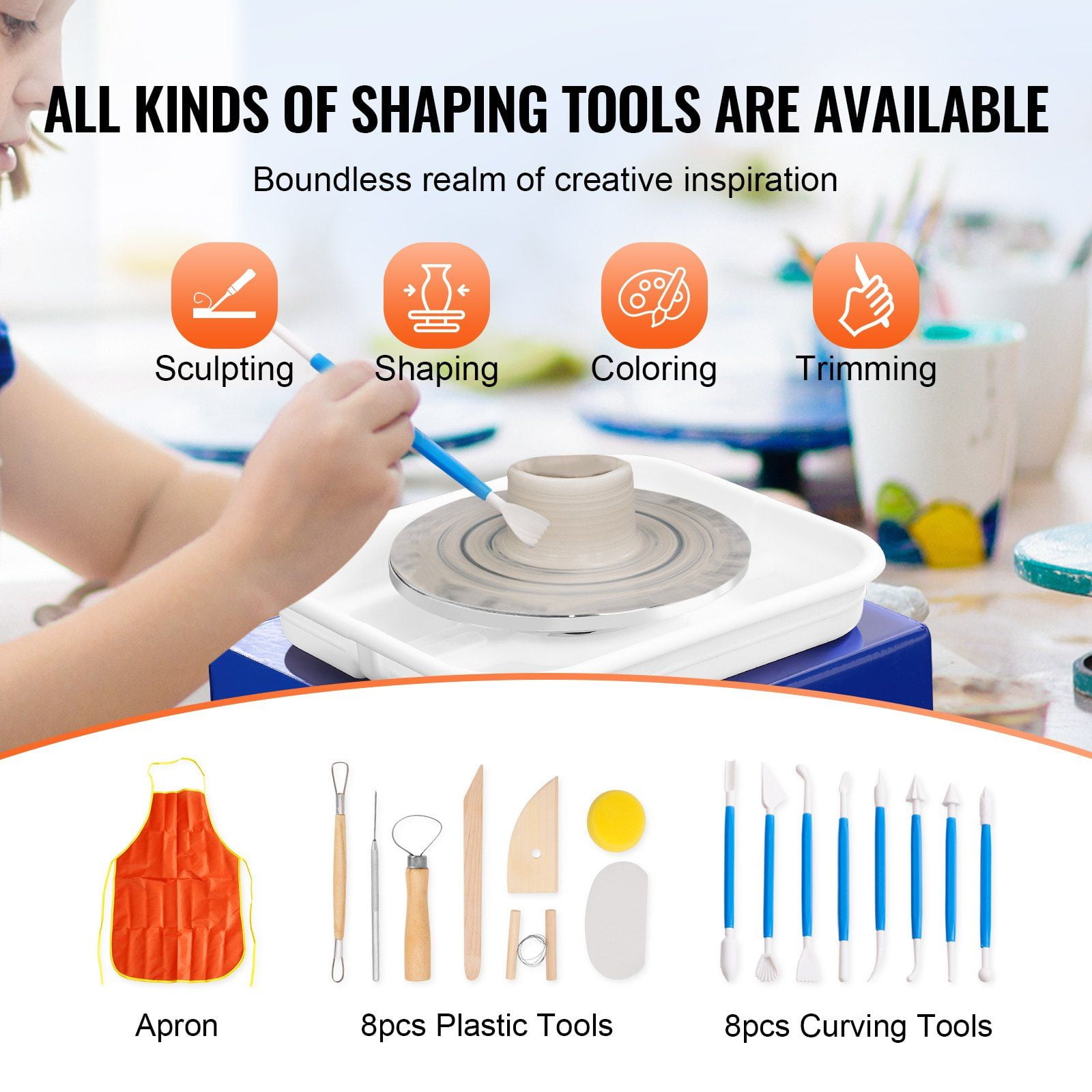 Mini Pottery Wheel for Kids Beginners 2 Turntables 2.6in 3.9in Ceramic Wheel Machine Adjustable 0-300RPM Speed ABS Detachable Basin 17 Pottery Accessories DIY Craft Art 30W Blue