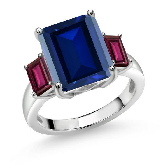 Gem Stone King 8.16 Ct Blue Simulated Sapphire Red Rhodolite Garnet 925 Sterling Silver 3-Stone Ring (Size 9)