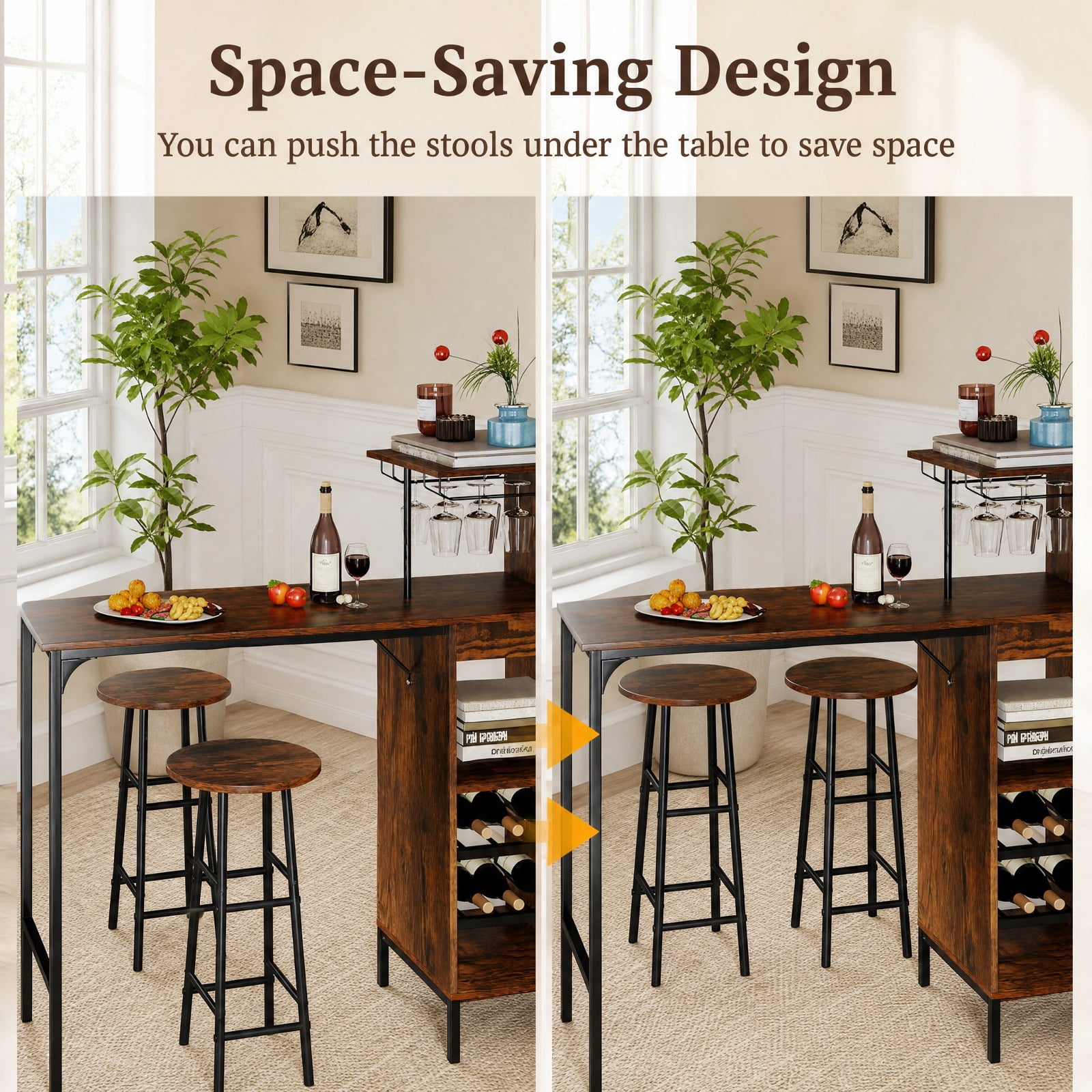 Furnibear 3 Piece Bar Table and Chairs Set with 6-Bottle Wine Rack for Kitchen Dining Room Breakfast Nook Home, Rustic Brown