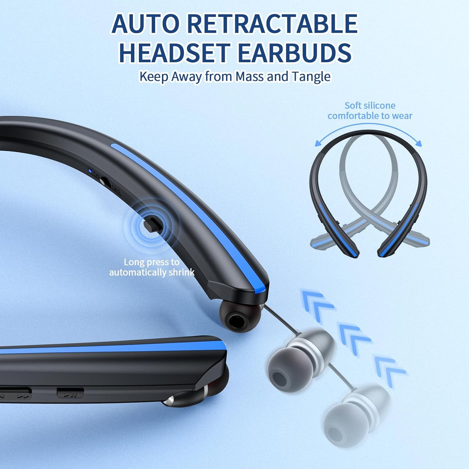 Retractable Neckband Bluetooth Headphones, IPX5 Sweatproof Headset Wireless Earbuds with Mic, Vibration Alert, Noise Cancelling Stereo Earphones for Sports, Running, Driving, Workouts (Blue)